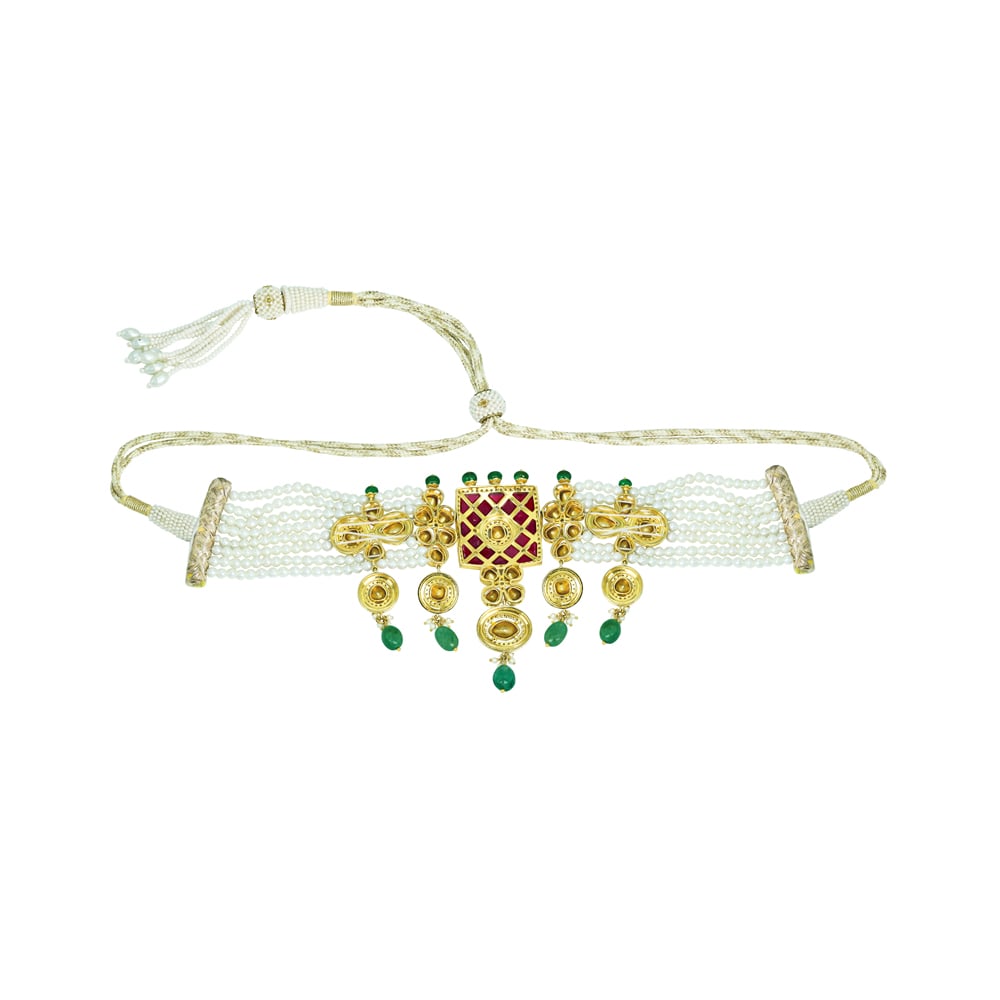Pearl Choker with Ruby Talaf, Polki, and Emerald Drops